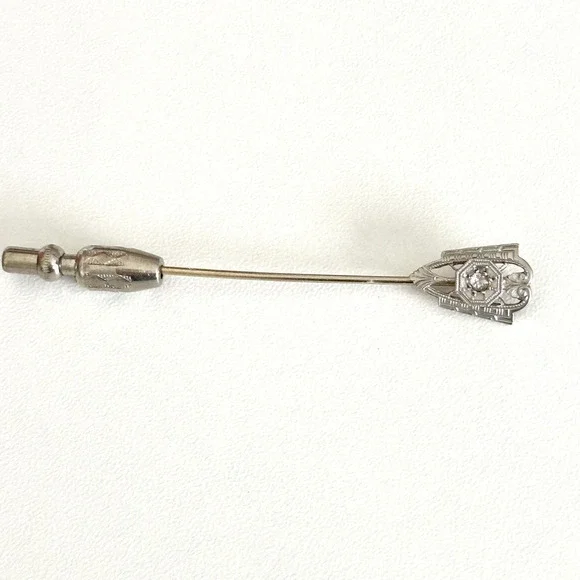 Antique 14K Solid Gold & Platinum Face Diamond Stick Pin 2.5" - Picture 14 of 15
